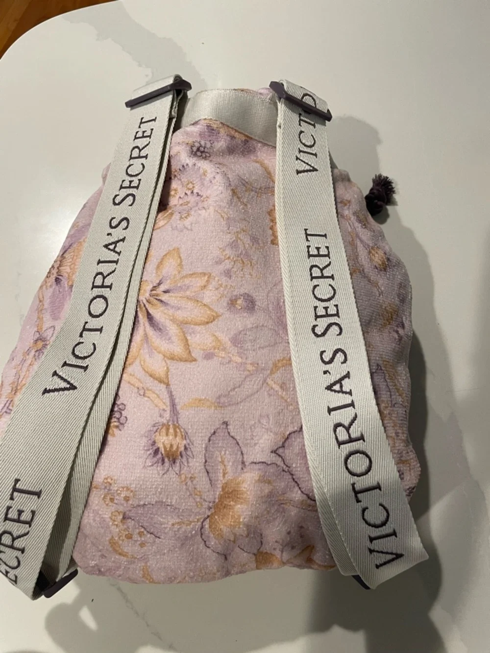 Victoria's Secret Pastel Lavender Floral Drawstring Backpack towel
